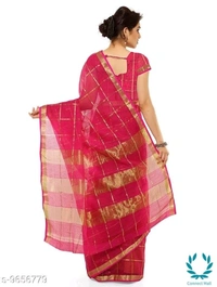Kota Doria Cotton Zari Stripes Checks saree with Unstitched Blouse piece - Saree Length Size:5.5m Blouse Length Size:0.8m, Pink, Saree And blouse Fabric: Cotton Blend, Striped , Pack of :1